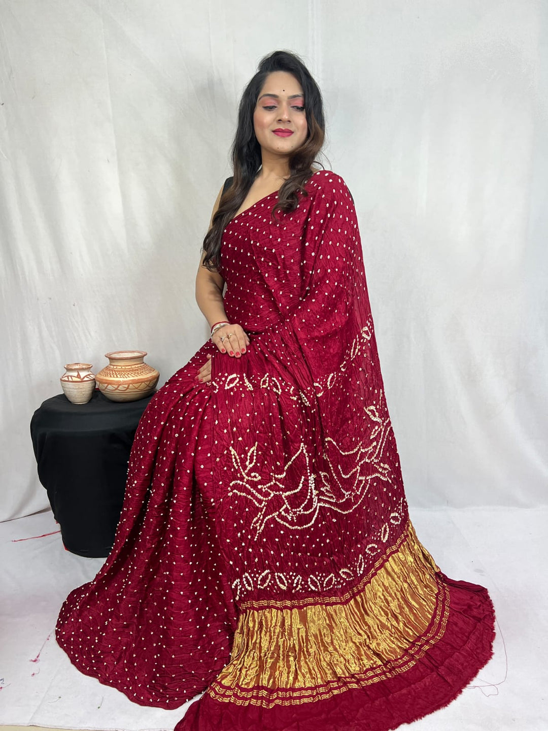 Pure Natural Dyeing Hand Block Bandhej Print Modal silk saree.