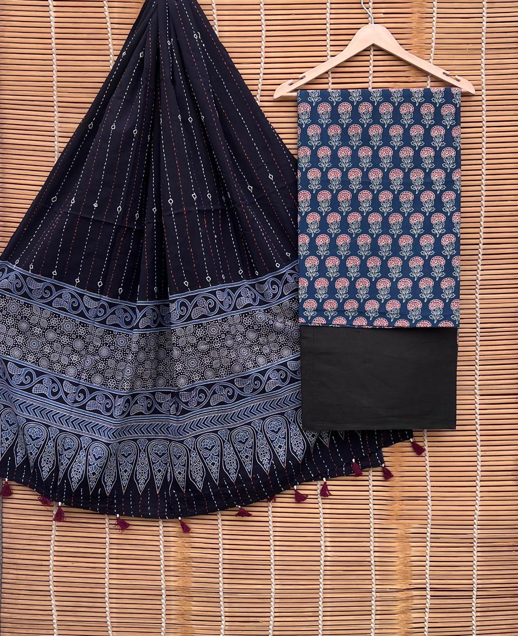 Pure Cotton Azrakh Print Unstitched suit Whit Kantha Work Dupatta.