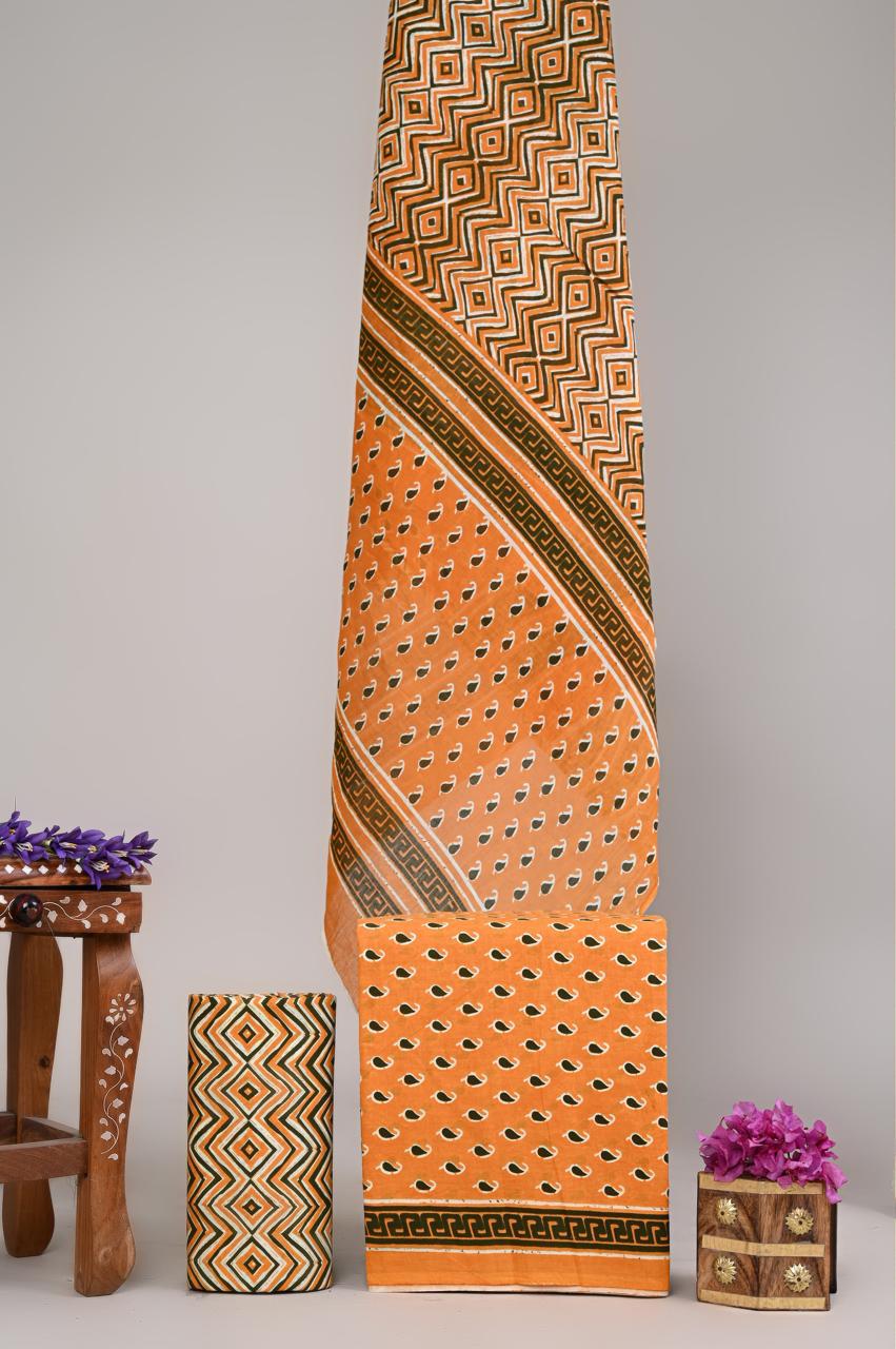 Pure Cotton Hand Block Printed Unstitched Suit Set With Cotton dupatta