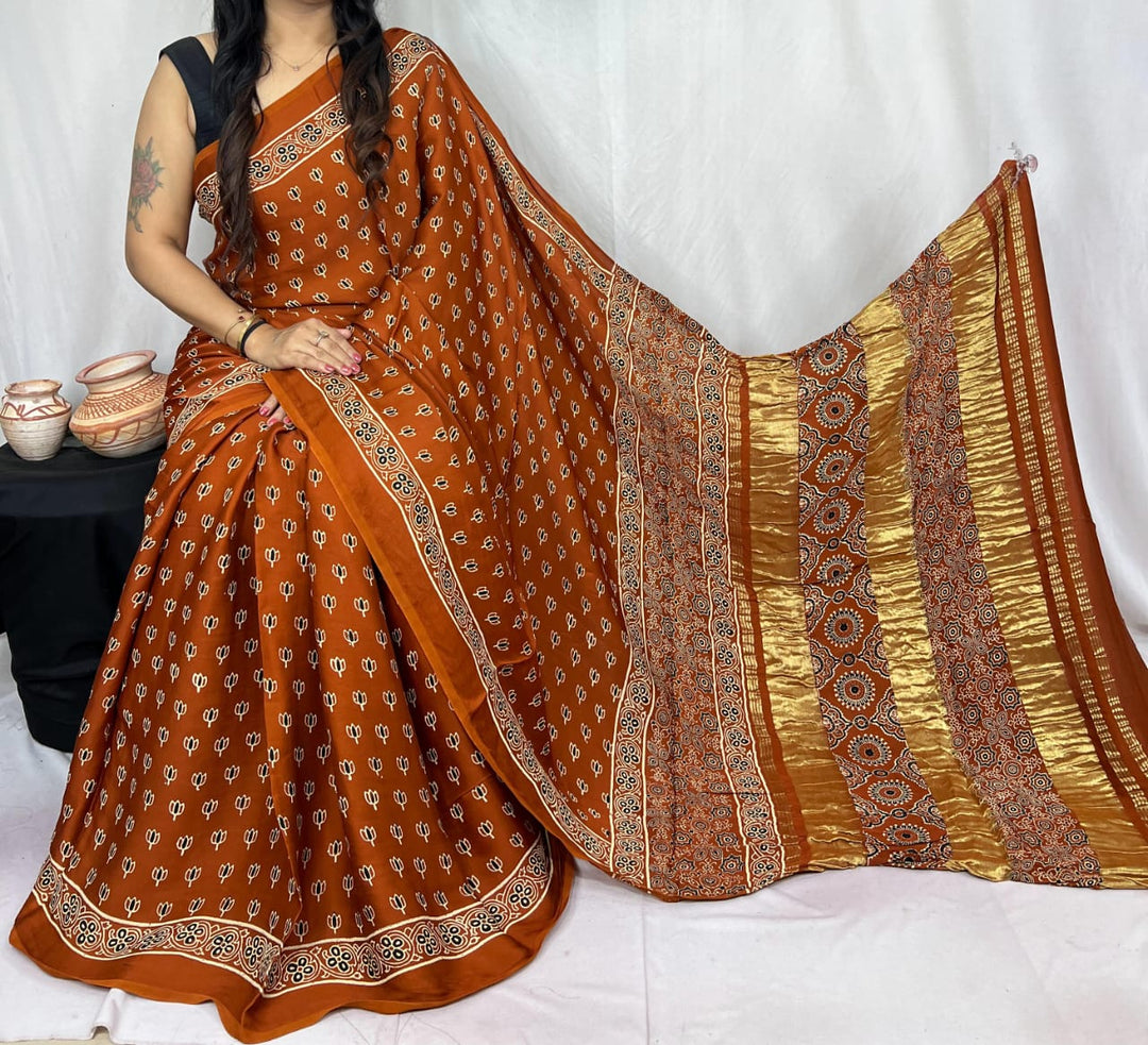 Pure Natural Dyeing Hand Block Print Modal silk saree.