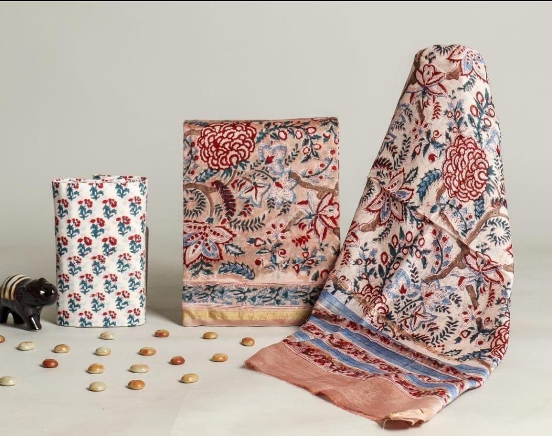 Pure Hand Block Chanderi Silk Unstitched Suit.