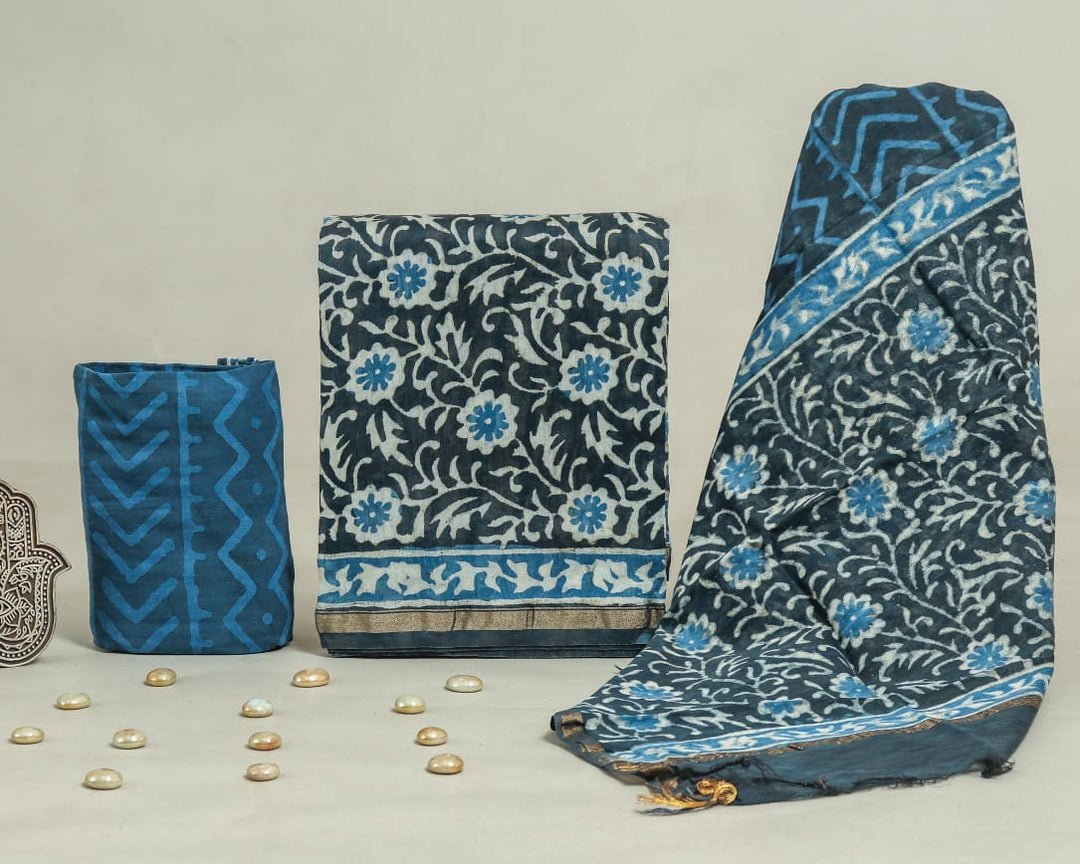 Pure Hand Block Chanderi Silk Unstitched Suit.