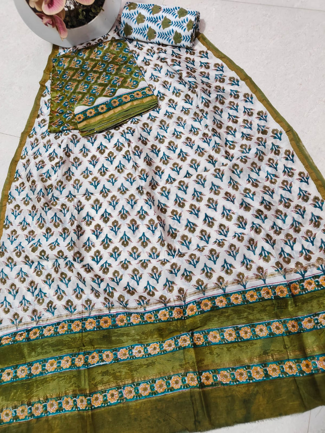 Pure Hand Block Chanderi Silk Unstitched Suit .
