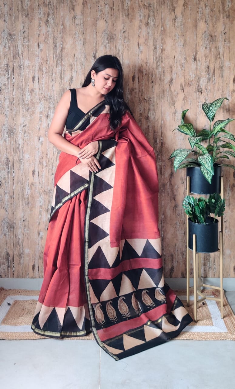Hand Block Prninted Chanderi Saree .