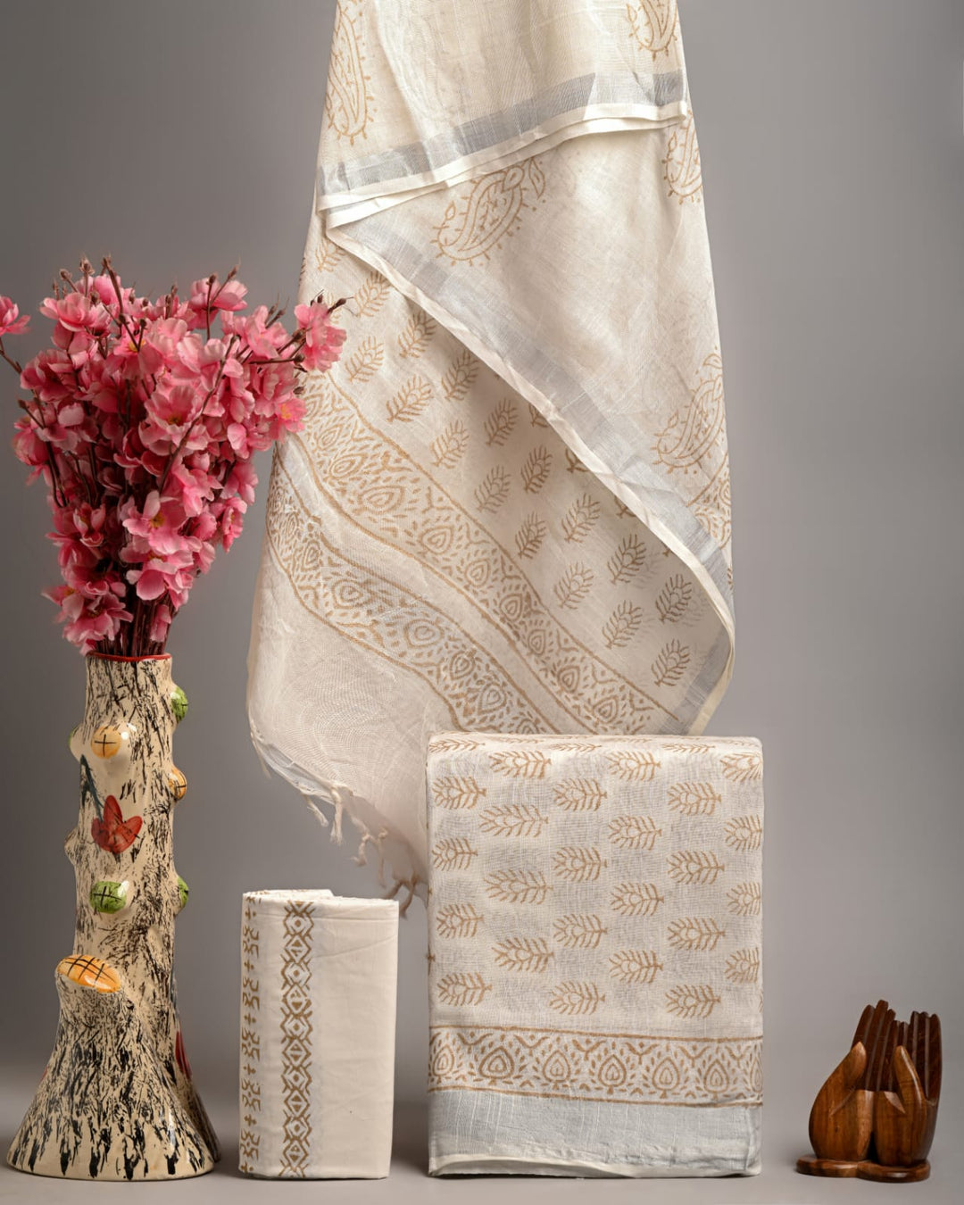 Hand Block Printed Linen Unstitched Suit .