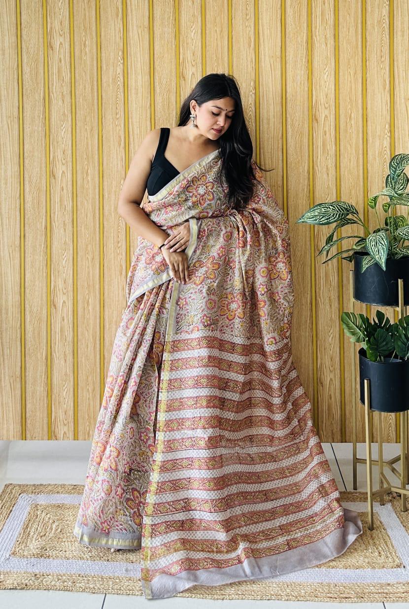 Hand Block Prninted Chanderi Saree .