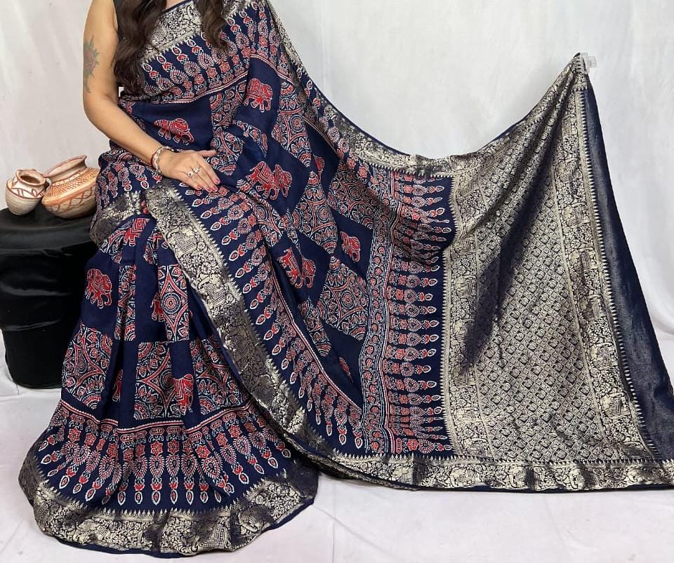 Pure Natural Dyeing Hand Block Ajrakh Print Modal silk saree.