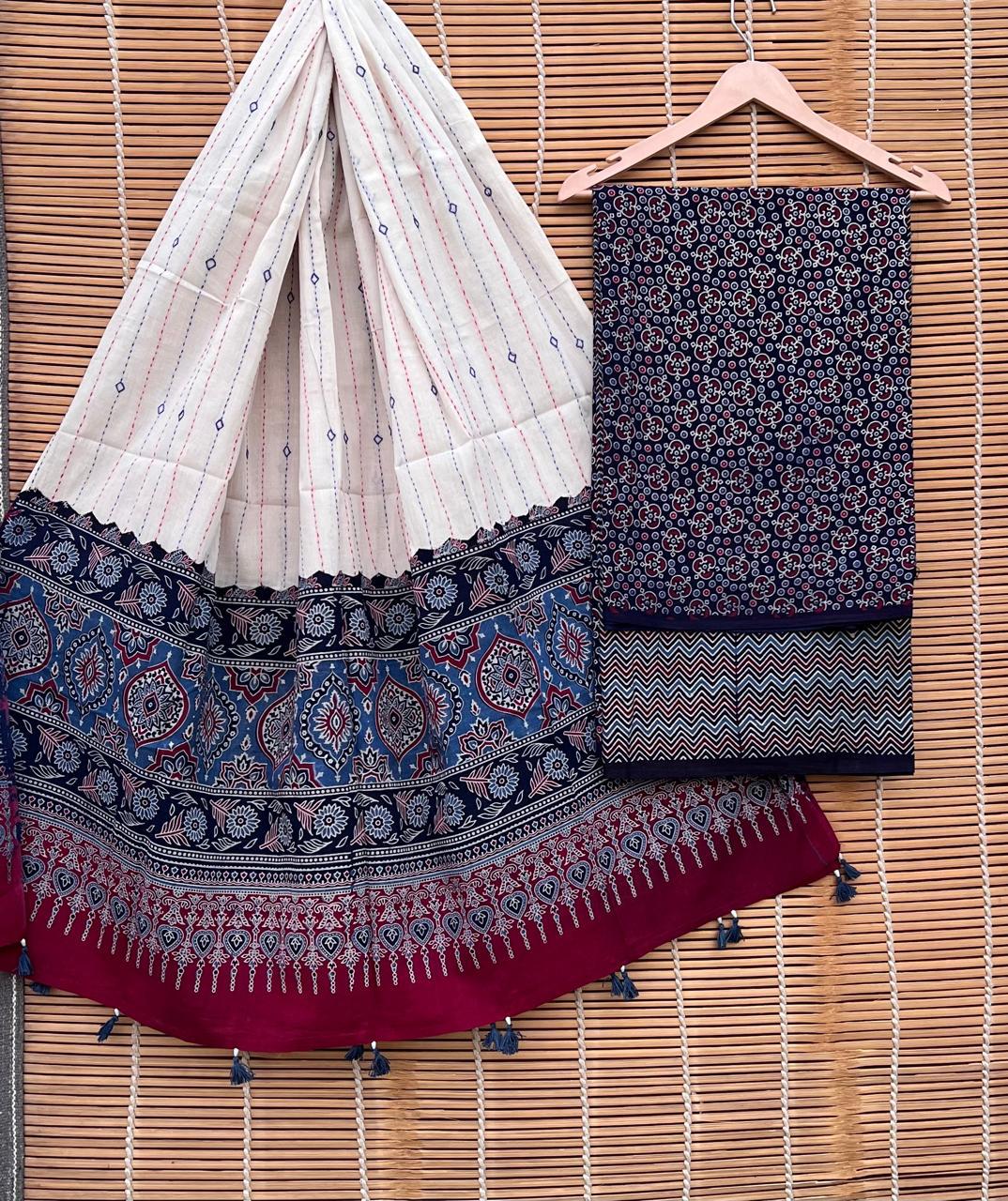 Pure Cotton Azrakh Print Unstitched suit Whit Kantha Work Dupatta.