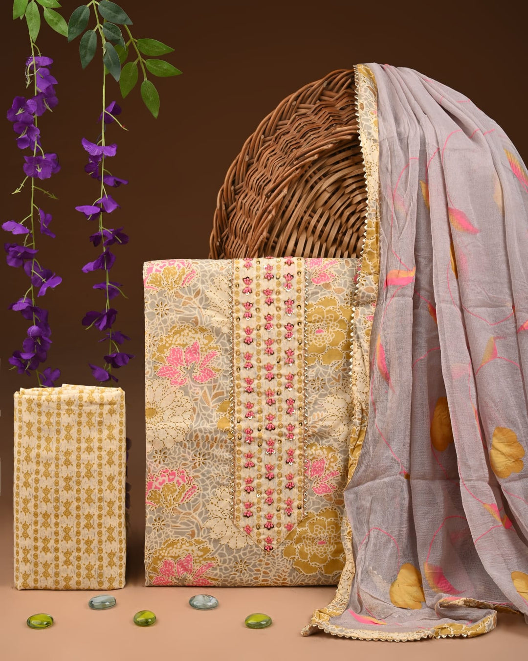 Pure Cotton Gotta patti Work unstitched Suit With Chiffon Dupatta.