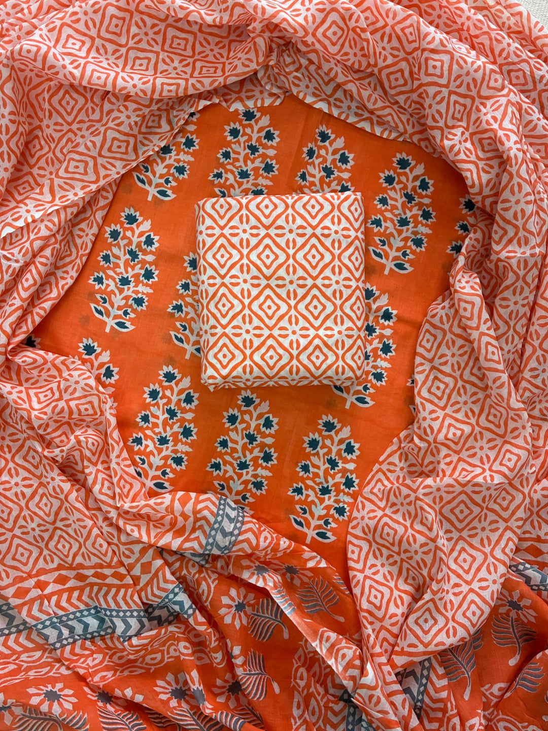 Pure Cotton Hand Block Print Unstitched Suit with Cotton Dupatta.