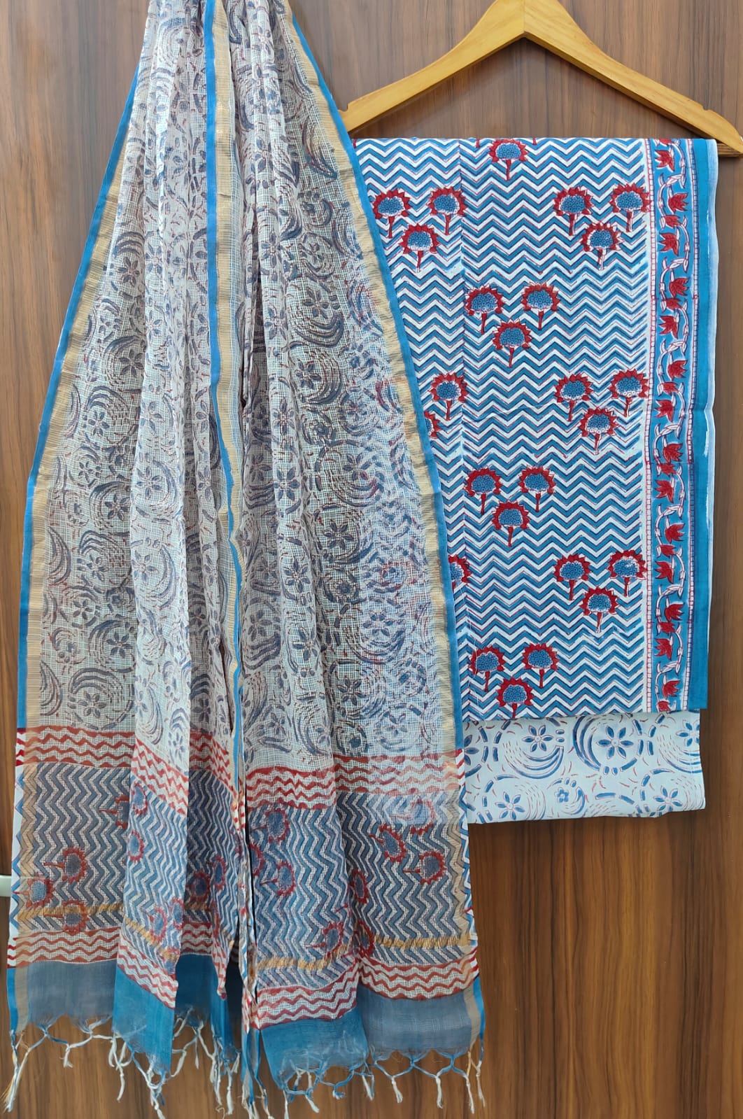 Pure Cotton Hand block print Unstitched Suit with Kota Dupatta