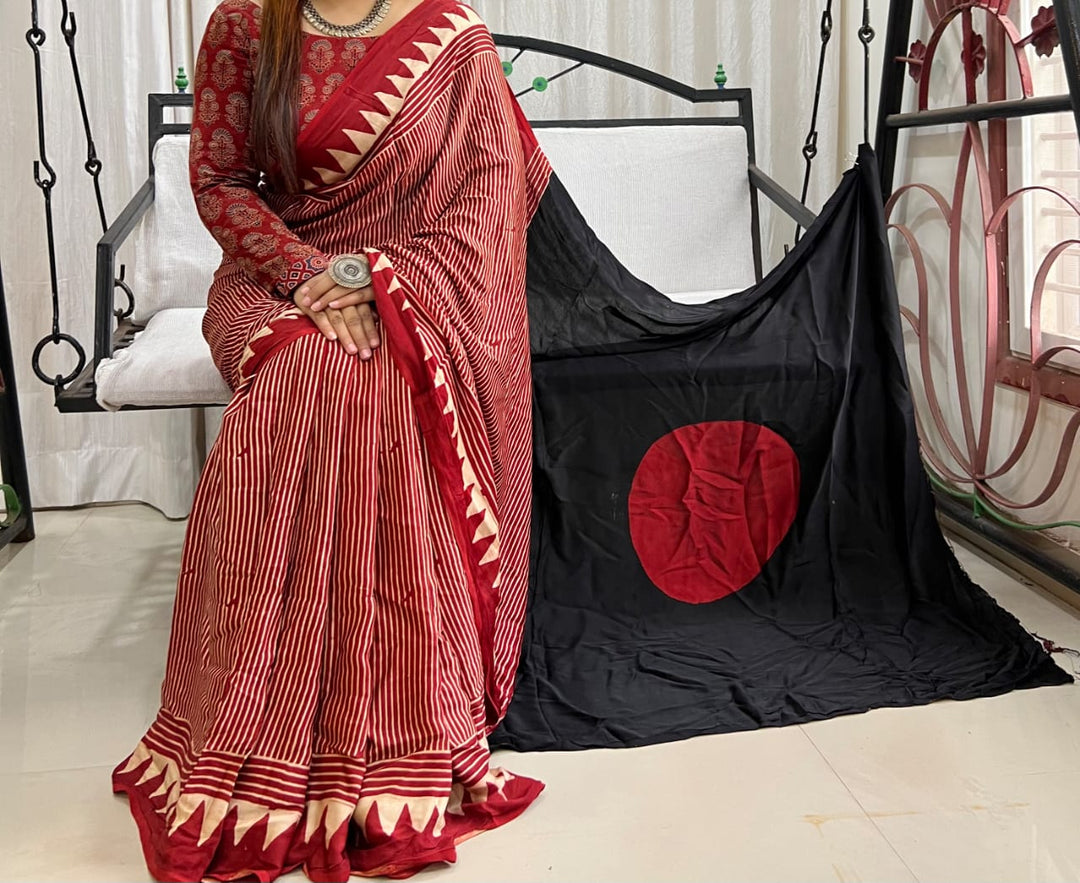 Pure Natural Dyeing Hand Block Print Modal silk saree.
