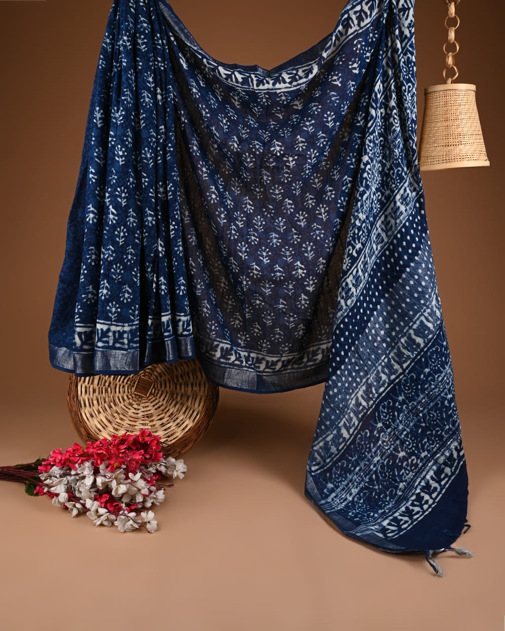 Hand Block Print Linen Saree with Blouse .