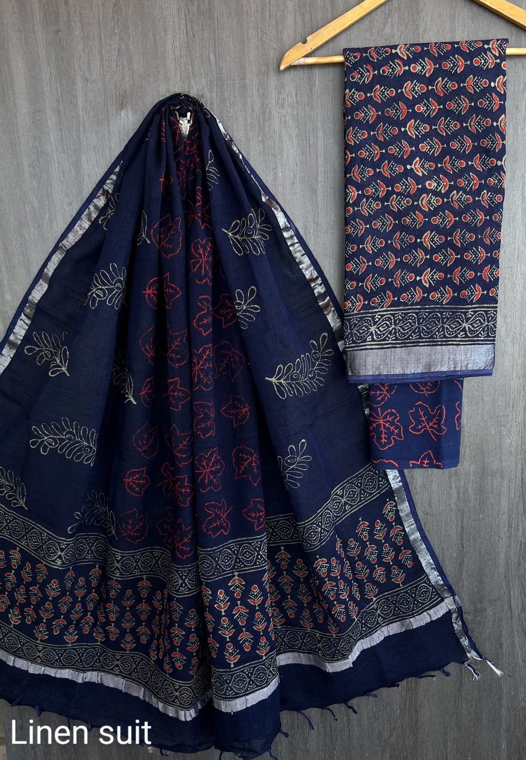 Hand Block Printed Linen Unstitched Suit .