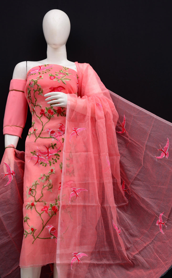 Pure Kota Doriya Embroidered Unstitched Suit With Dupatta .