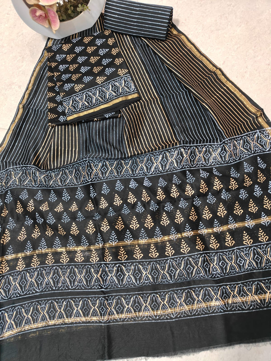Pure Hand Block Chanderi Silk Unstitched Suit .