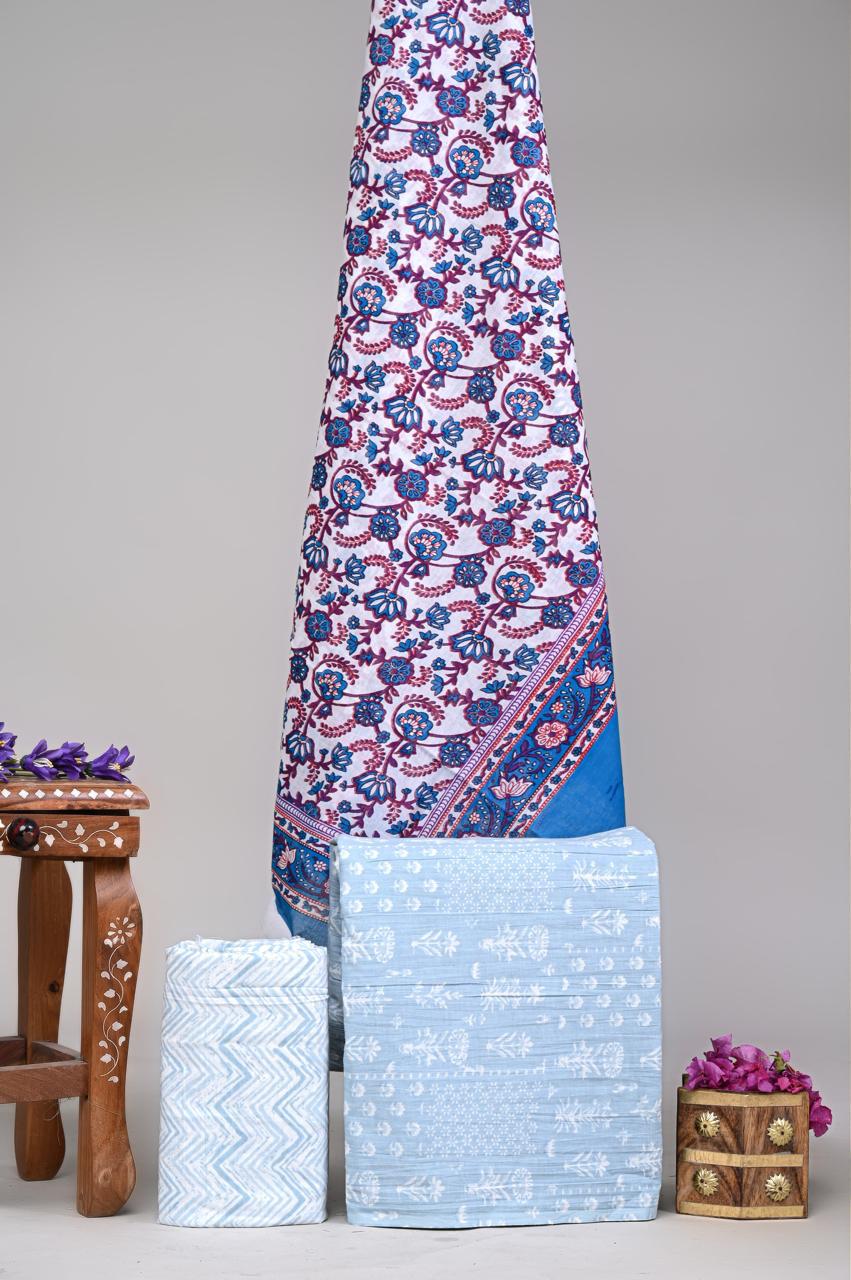 Pure Cotton Hand Block Printed Unstitched Suit Set With Cotton dupatta.