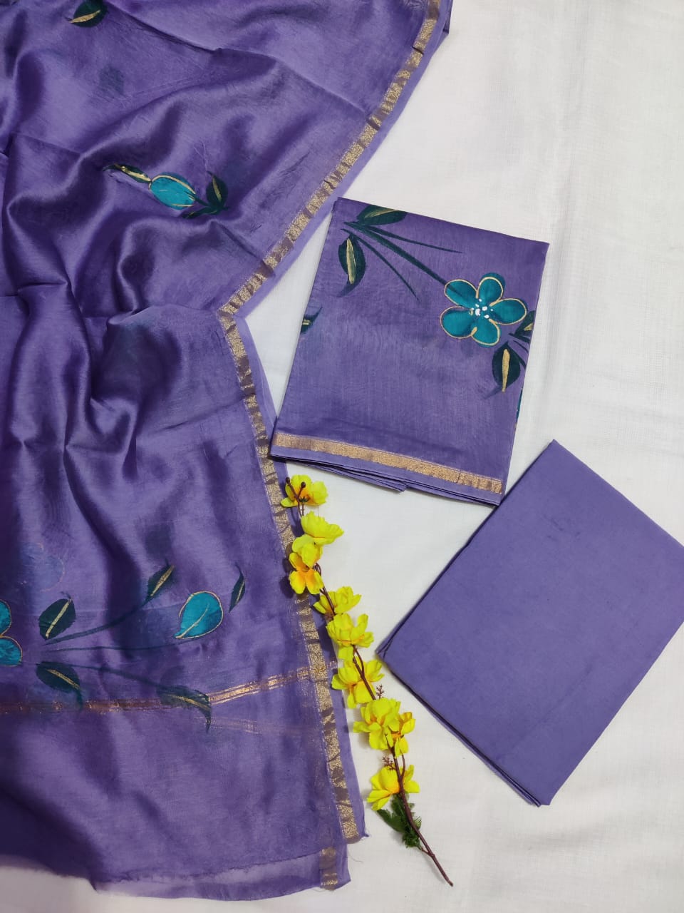 Pure Hand Block Chanderi Silk Unstitched Suit.