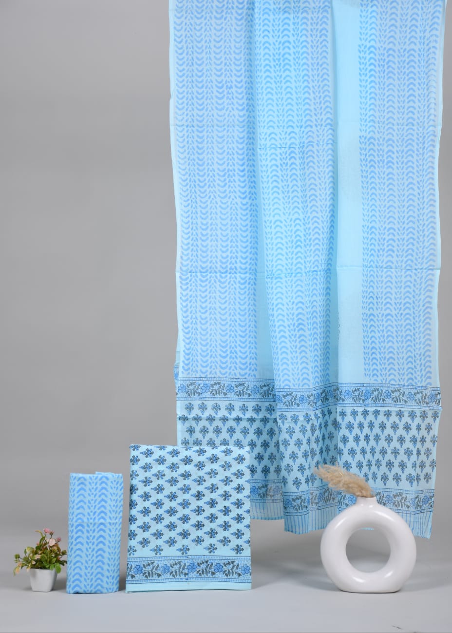 Pure Cotton Hand Block Printed Unstitched Suit Set With Cotton dupatta.