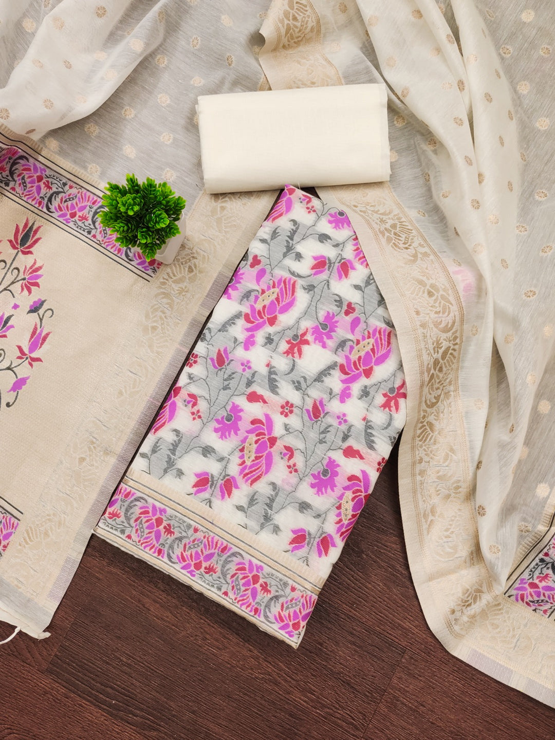 Pure Banarasi Cotton Jamdani Weaved Zari And Meenakari Work Unstitched Suit .