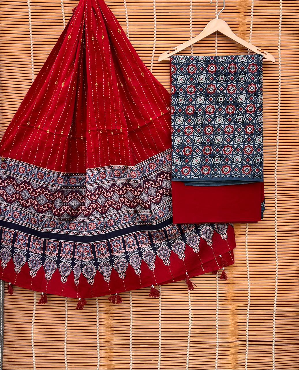 Pure Cotton Azrakh Print Unstitched suit Whit Kantha Work Dupatta.