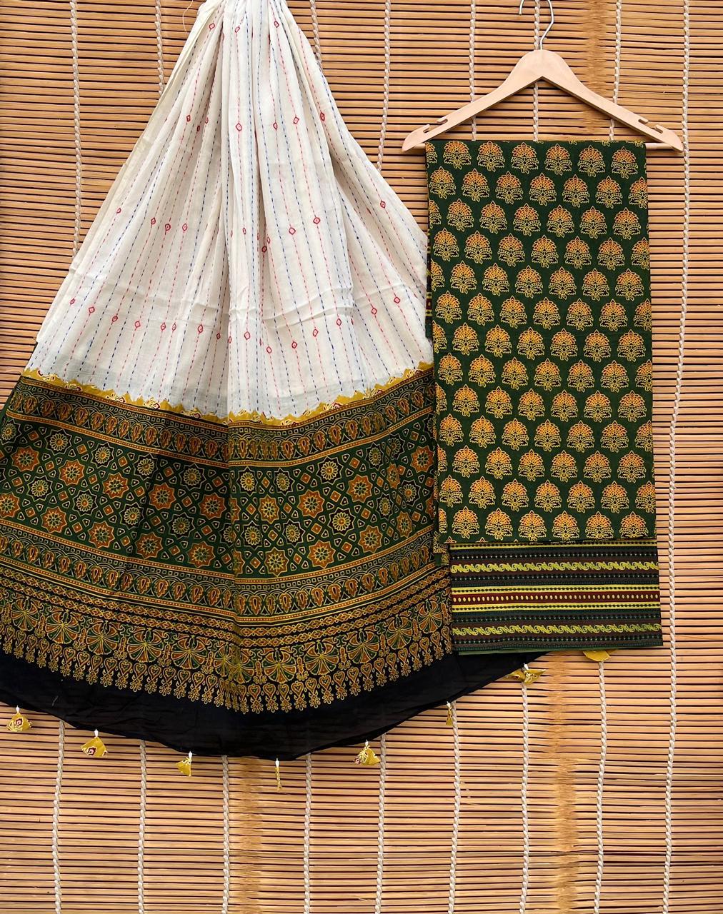 Pure Cotton Azrakh Print Unstitched suit Whit Kantha Work Dupatta.