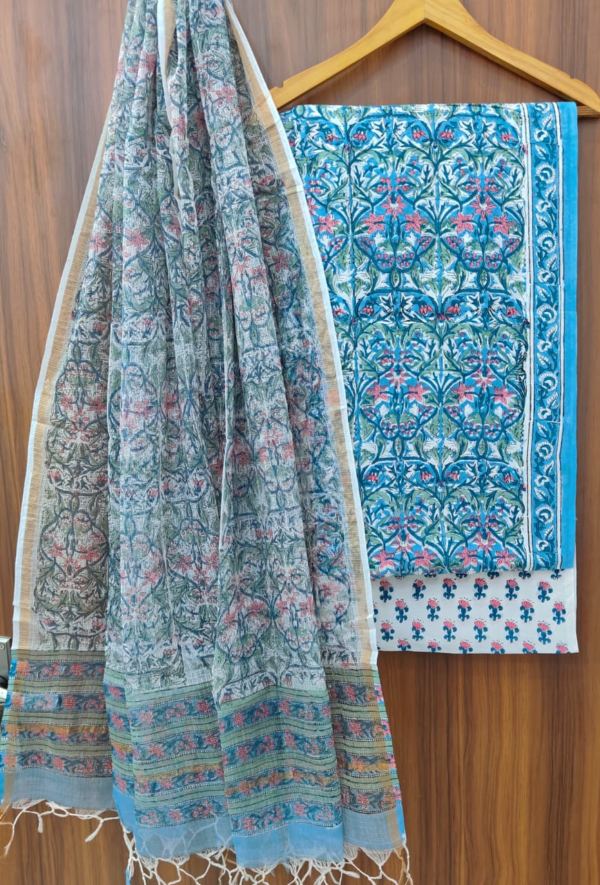 Pure Cotton Hand block print Unstitched Suit with Kota Dupatta.