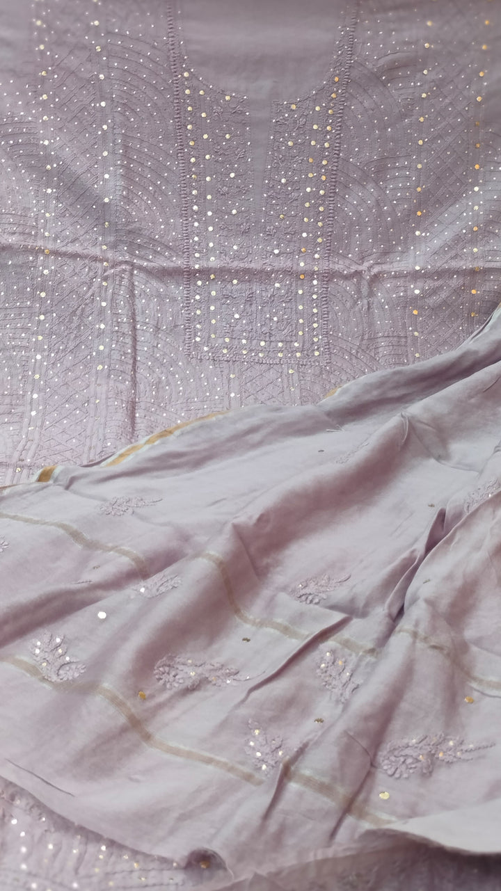Pure Chanderi Silk 70grm Chikankari And Mukaish Work Unstitched Suit .