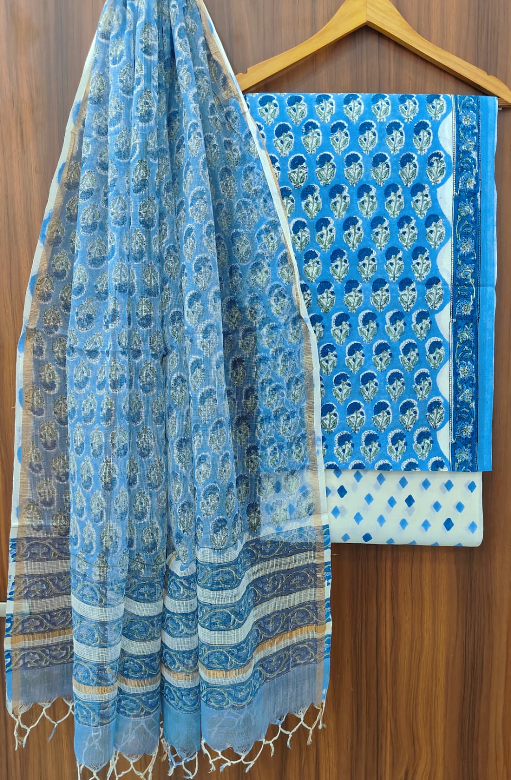 Pure Cotton Hand block print Unstitched Suit with Kota Dupatta.