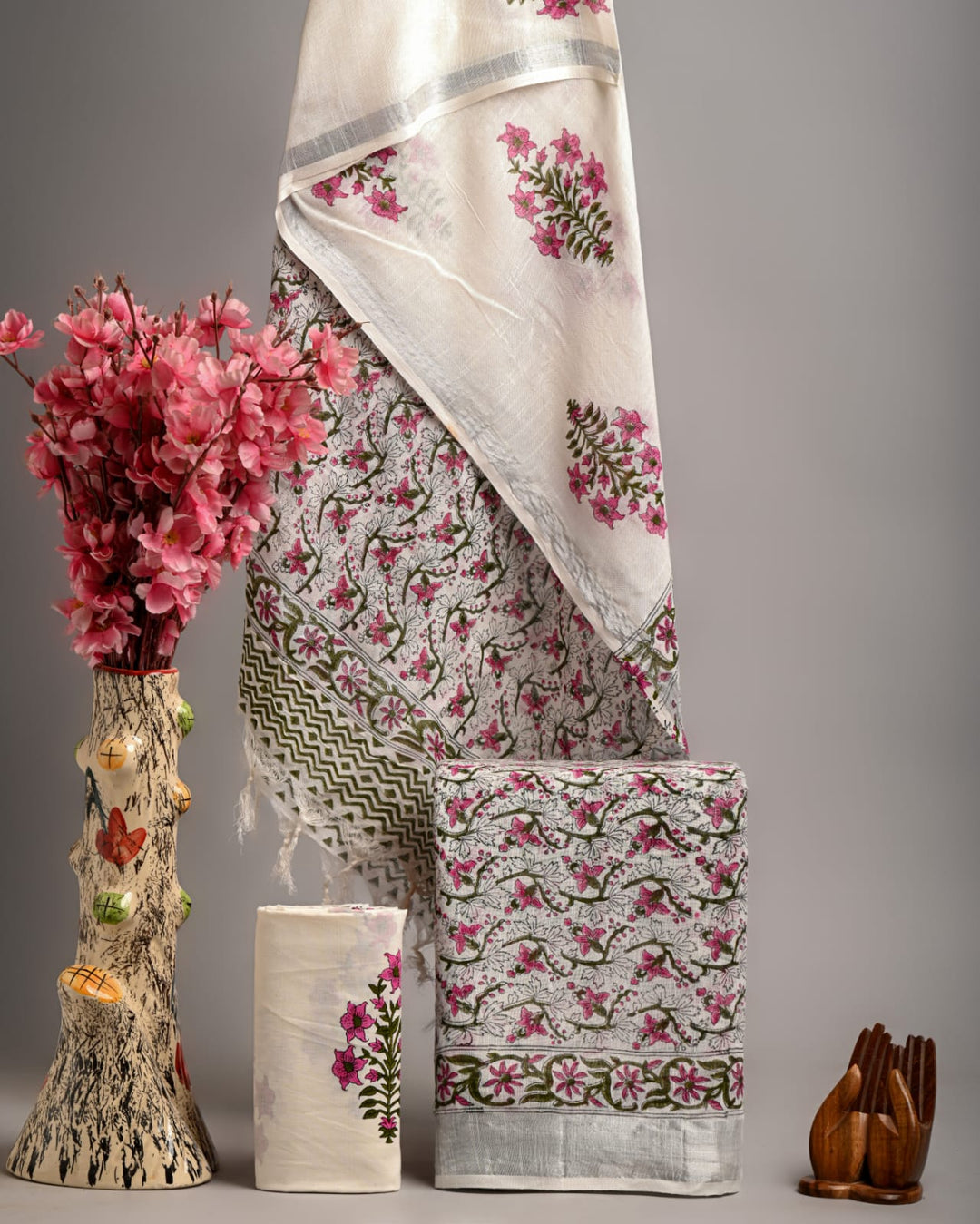Hand Block Printed Linen Unstitched Suit .