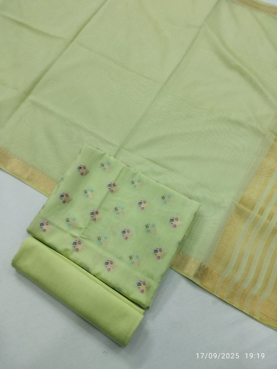 Pure Banarasi Cotton Silk Alfi Butti Work Unstitched Suit With Chanderi Zari Dupatta.