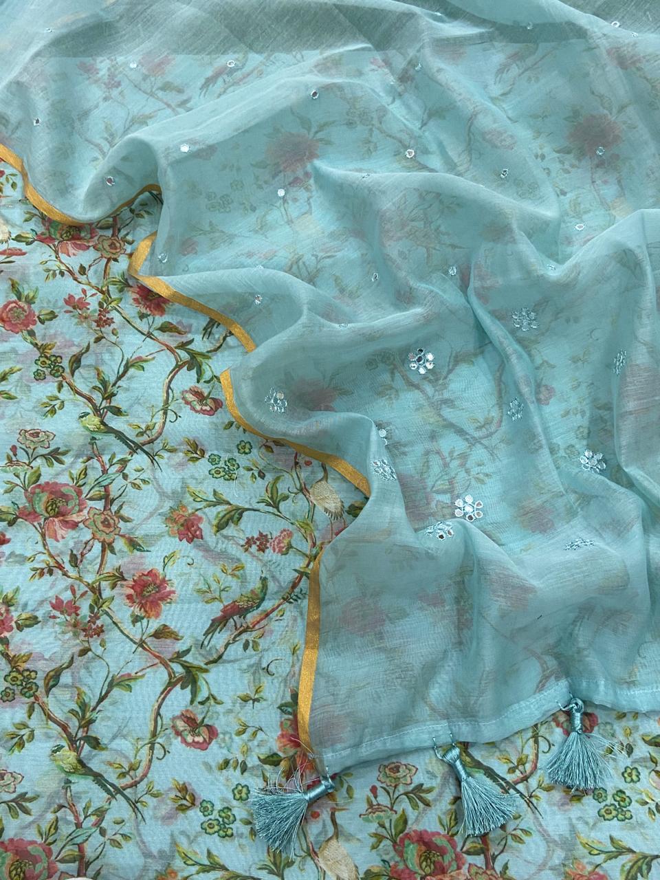 Pure Banarasi Resham Mul Chanderi Silk Digital Print Unstitched Suit .