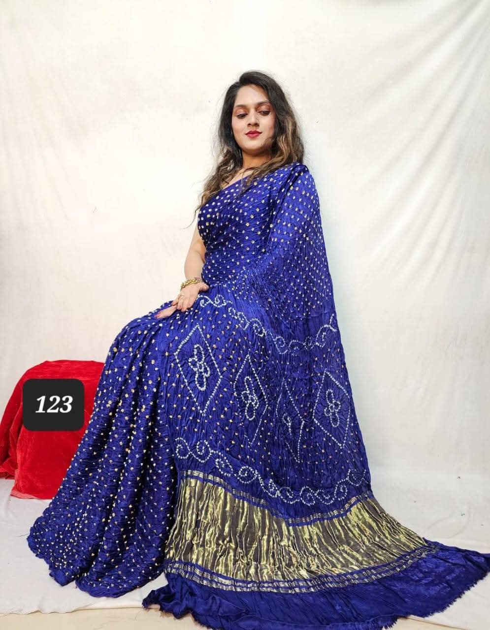 Pure Natural Dyeing Hand Block Bandhej Print Modal silk saree.
