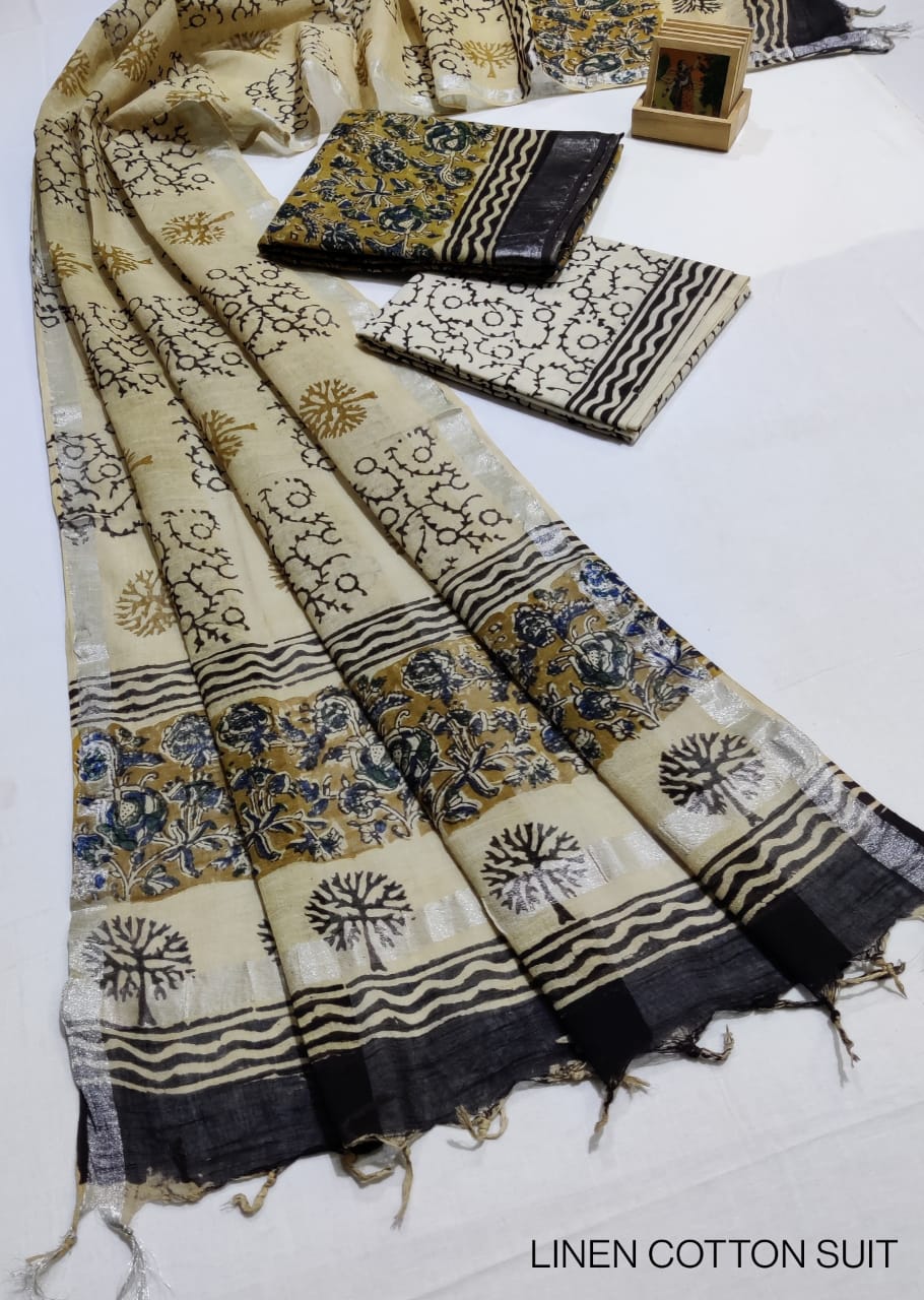 Hand Block Printed Linen Unstitched Suit .
