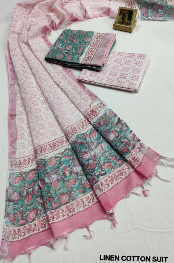 Hand Block Printed Linen Unstitched Suit .