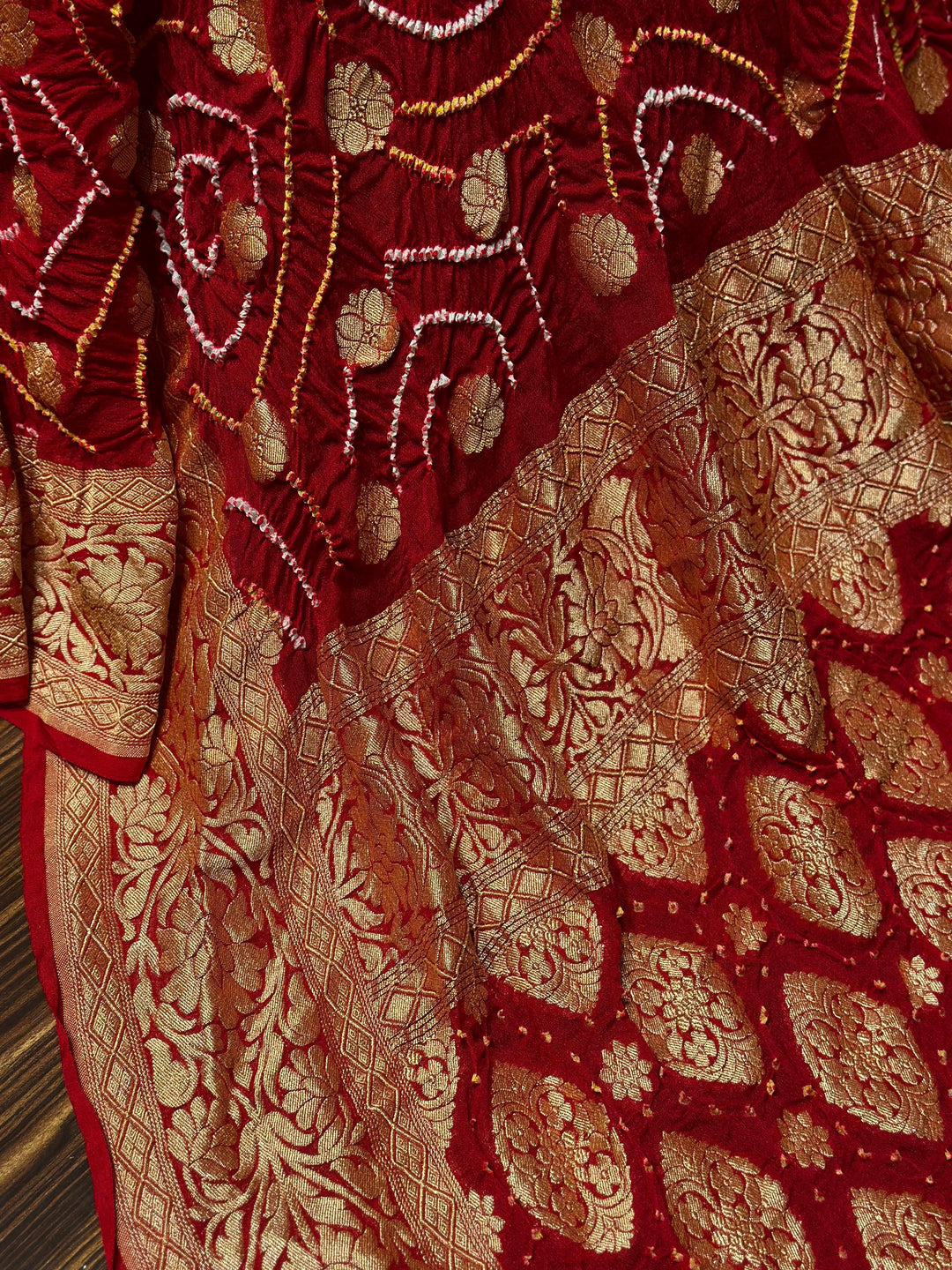 Pure Khaddi Georgette Handloom Neem Zari Work saree With Raiy Bandhej .