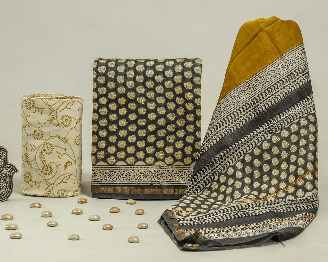 Pure Hand Block Chanderi Silk Unstitched Suit.