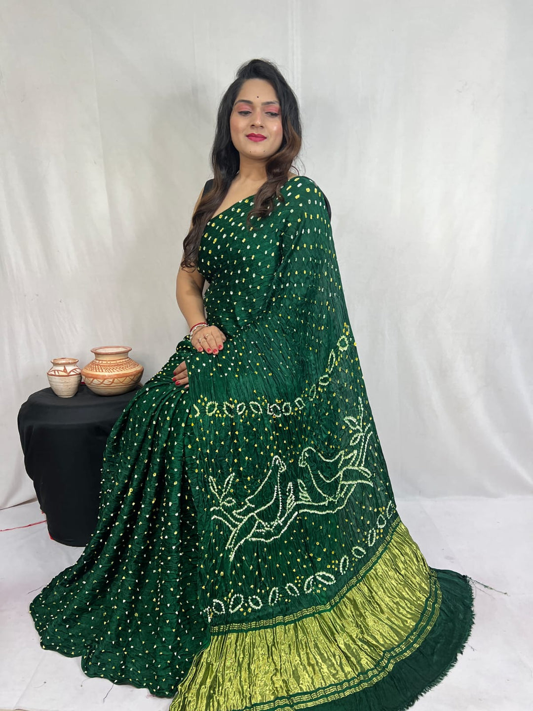 Pure Natural Dyeing Hand Block Bandhej Print Modal silk saree.