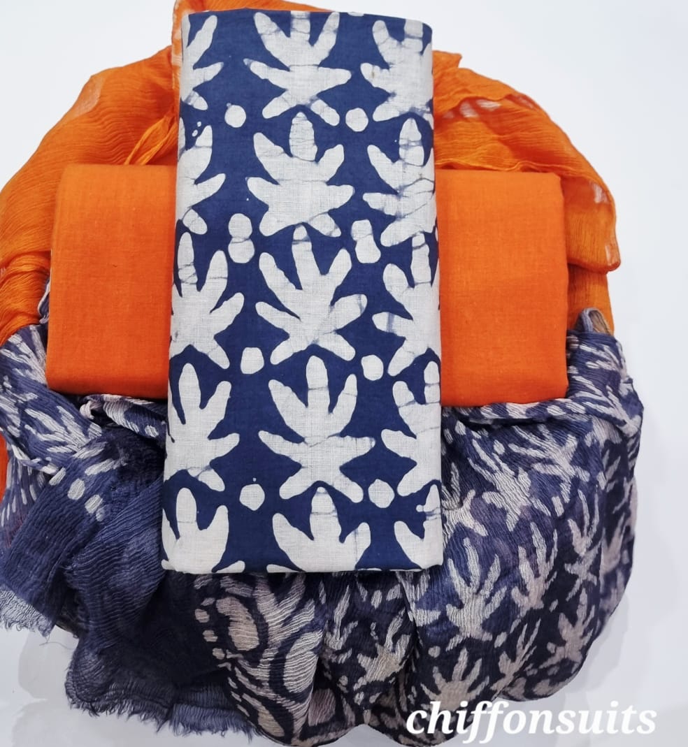 Pure Cotton Hand Block Print Unstitched Suit with chiffon dupatta .
