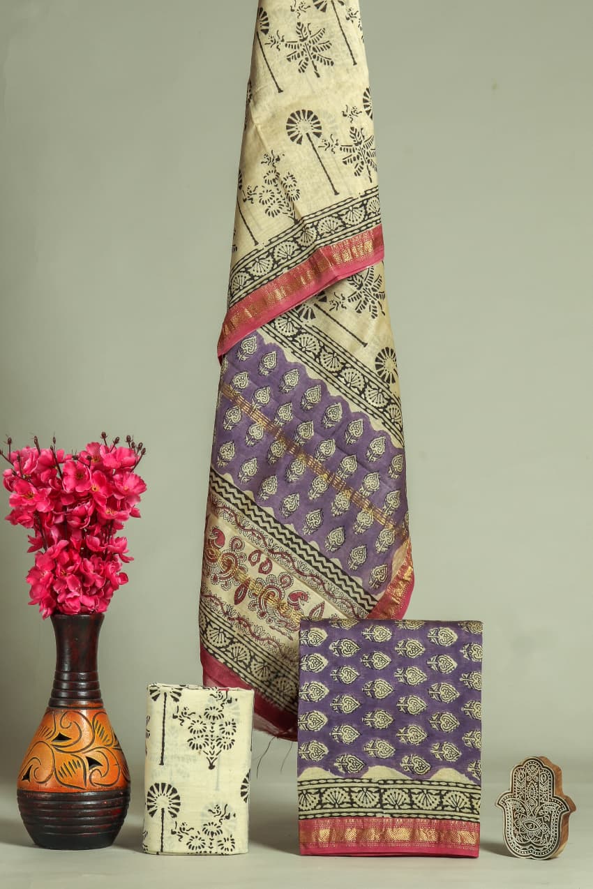 Pure Maheshwari Silk Hand block print Unstitched Suit.