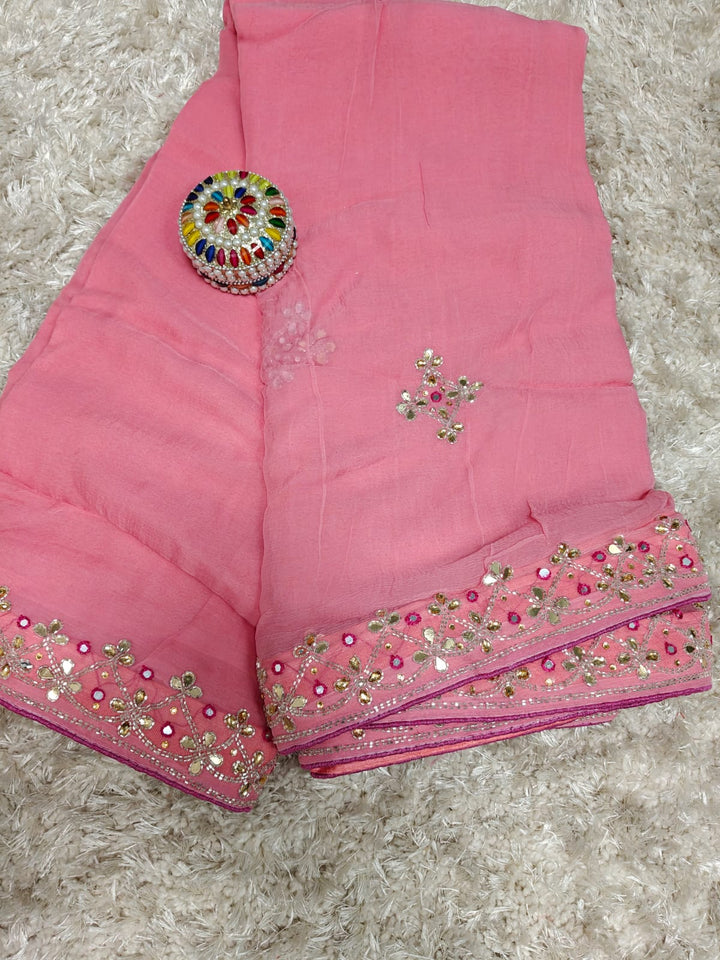 Pure chinon Jerkin work saree With Blouse.