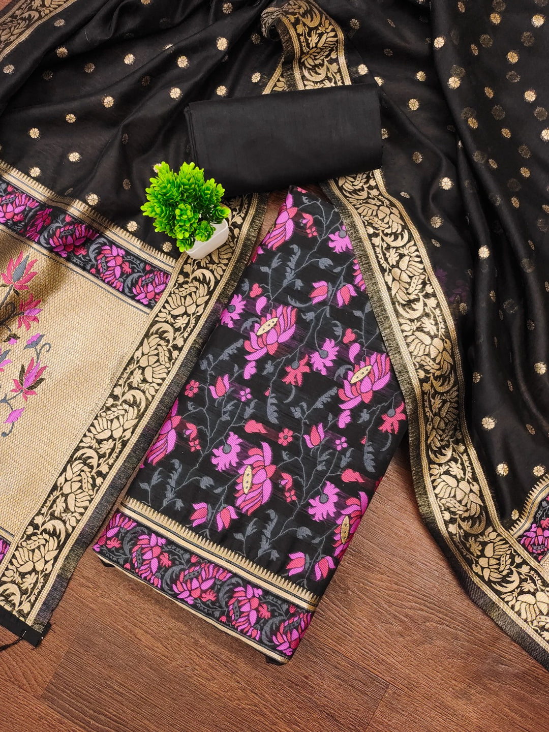 Pure Banarasi Cotton Jamdani Weaved Zari And Meenakari Work Unstitched Suit .