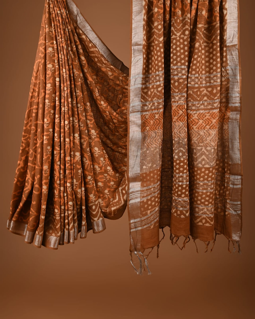 Hand Block Print Linen Saree with Blouse .