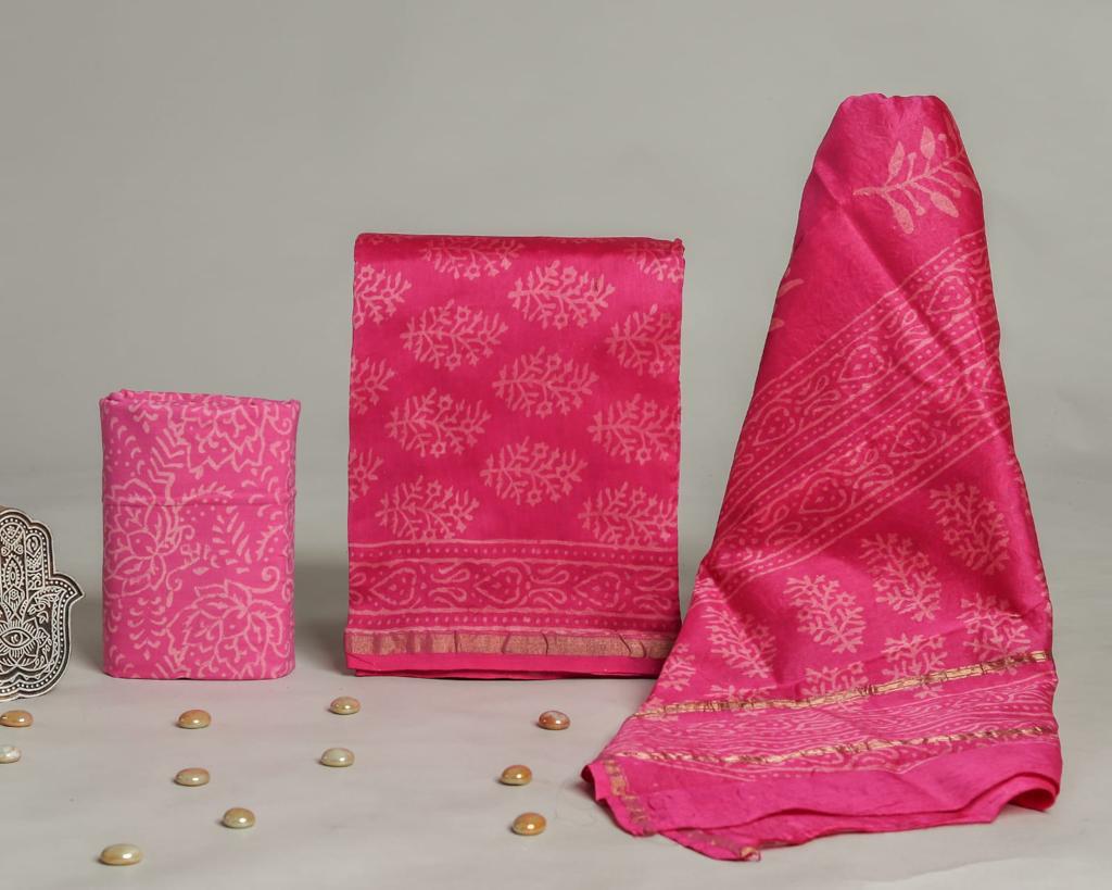 Pure Hand Block Chanderi Silk Unstitched Suit.