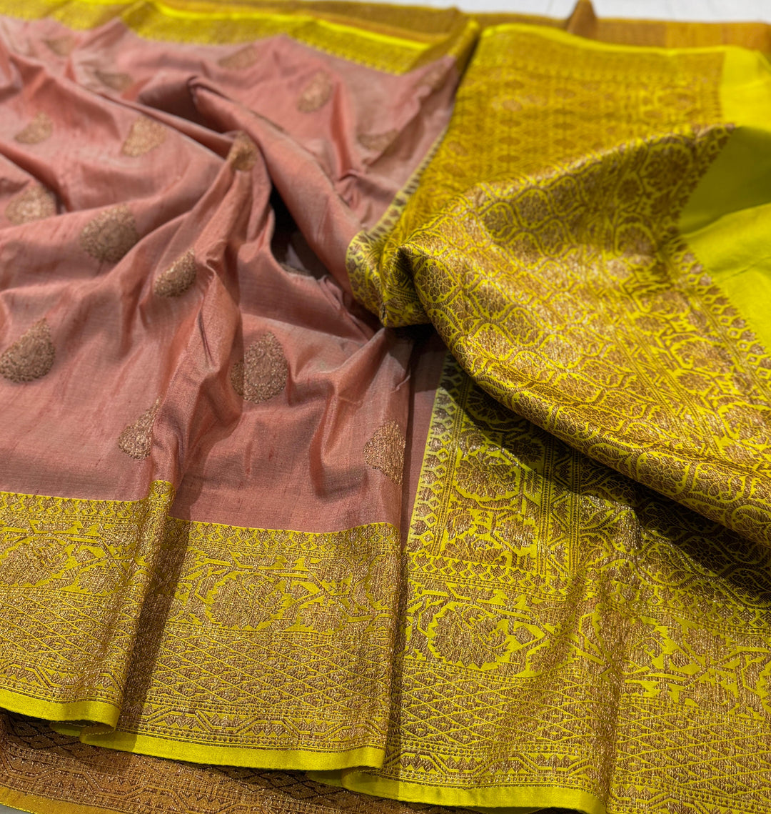 HandloomPure Banarasi Tussar Silk Saree With Kadhuwa Border Work.