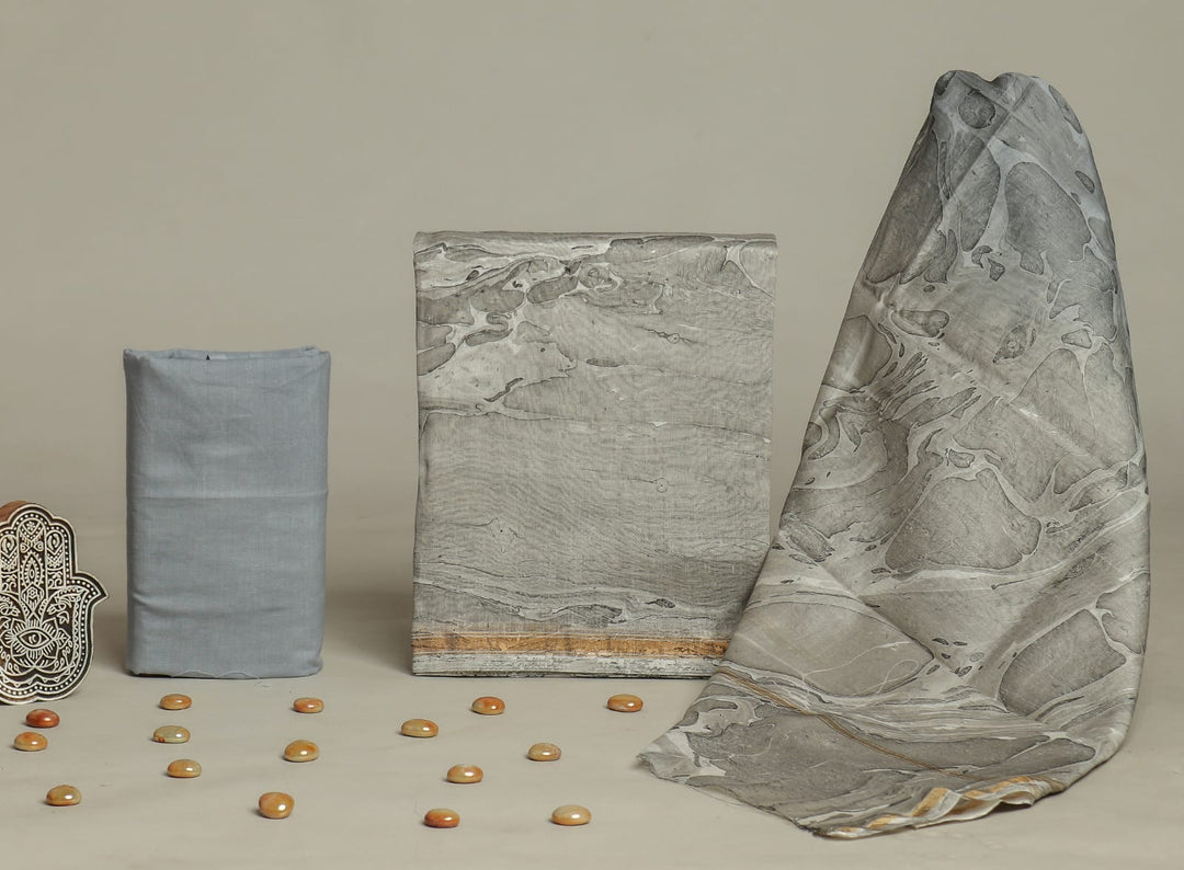 Pure Hand Block Chanderi Silk Unstitched Suit.