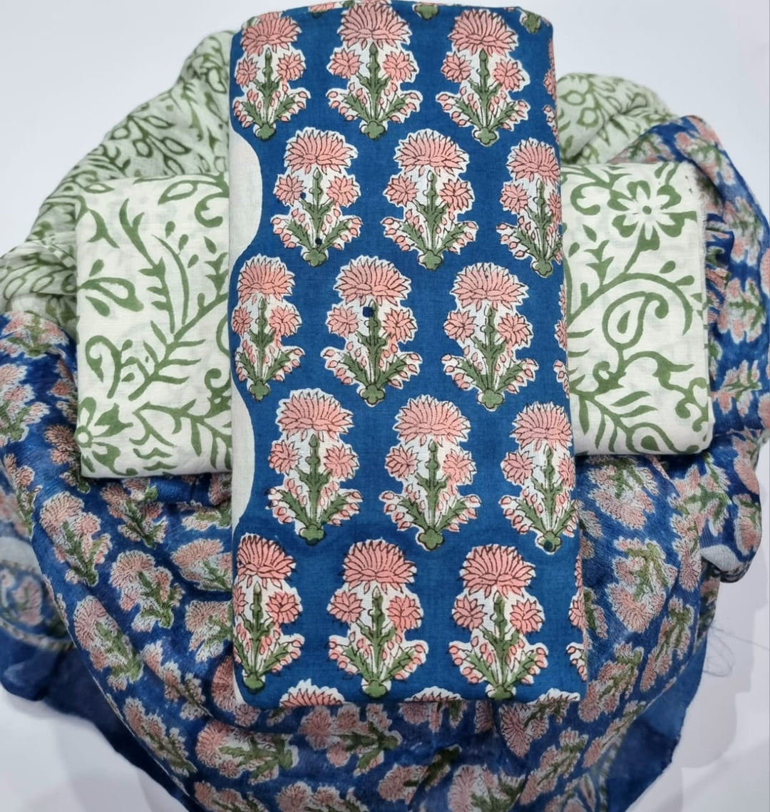 Pure Cotton Hand Block Print Unstitched Suit with chiffon dupatta