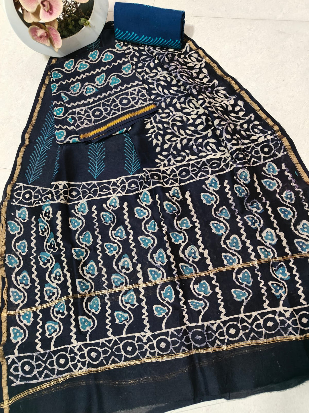 Pure Hand Block Chanderi Silk Unstitched Suit .