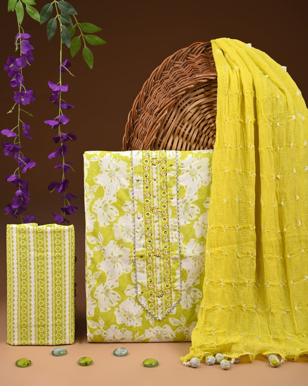 Pure Cotton Gotta patti Work unstitched Suit With Chiffon Dupatta.
