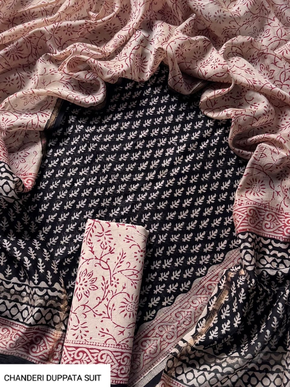 Pure Hand Block Chanderi Silk Unstitched Suit.
